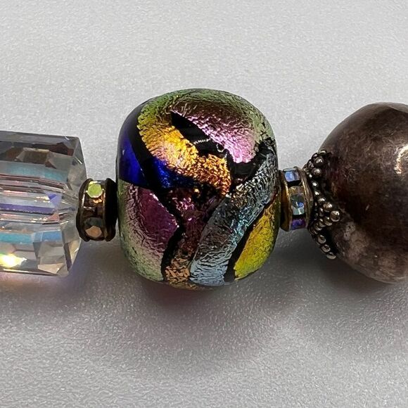 925 Solid Silver Ball Bracelet Artisan Dichroic Glass Large Facet Crystals 7.25” - Picture 11 of 11